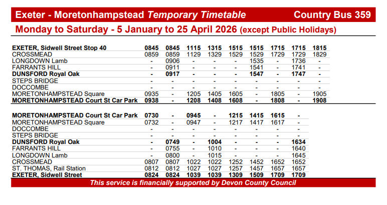 359 2026 Temporary Timetable